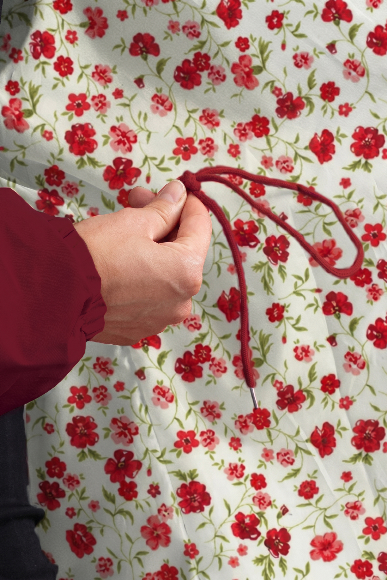 A person in a maroon sleeve holds an Icon Windbreaker Rain Jacket over a white quilt or blanket decorated with a red floral pattern.