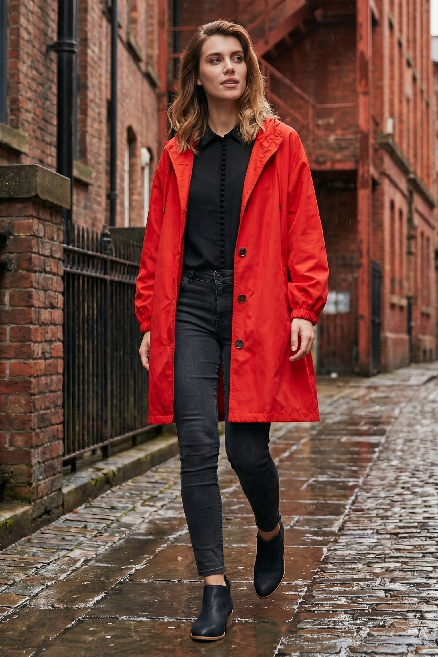 A woman wearing the Icon Windbreaker Rain Jacket, a black shirt, black jeans, and black shoes walks on a wet cobblestone street between red brick buildings.
