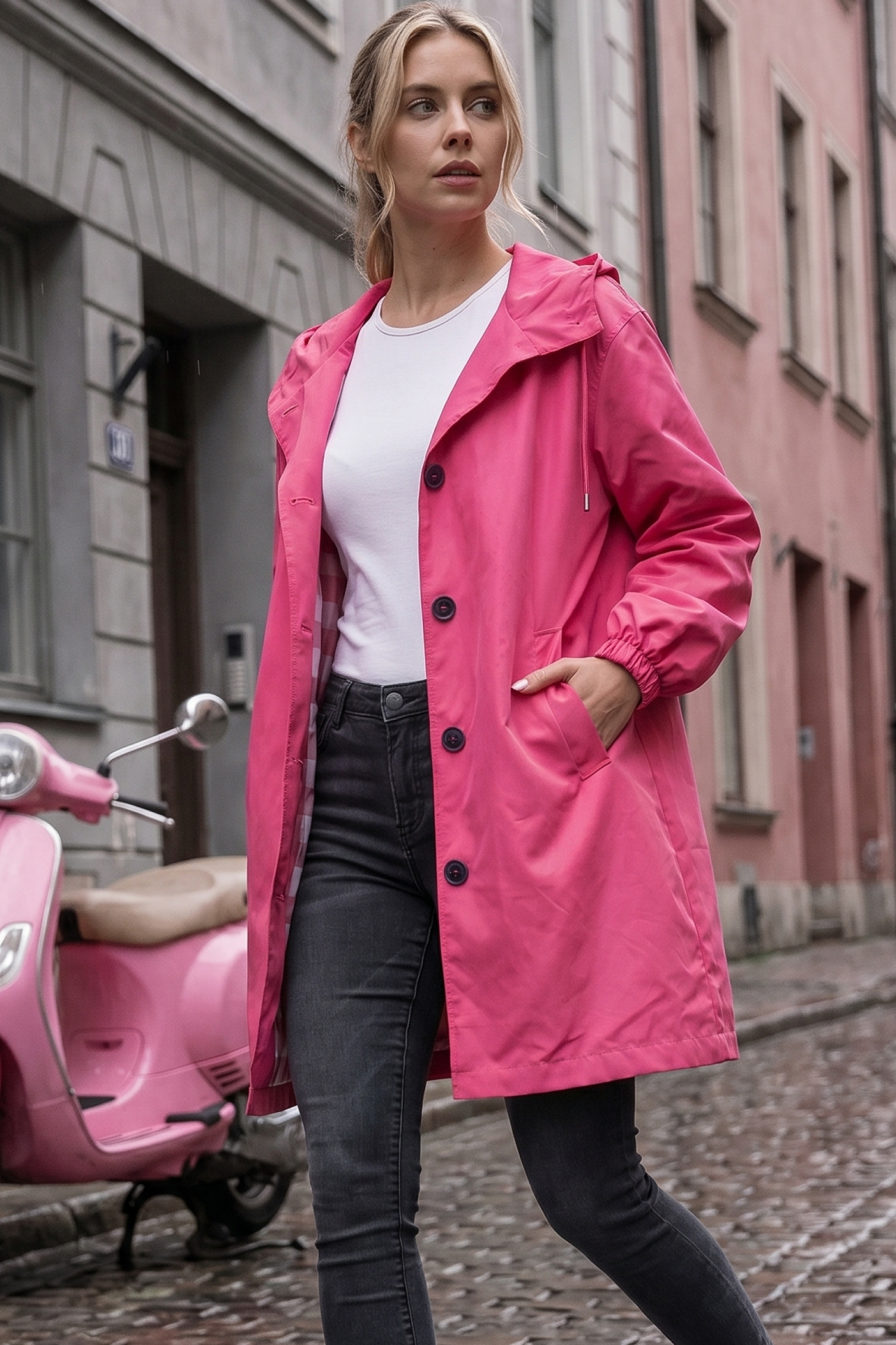 A woman wearing The Water Resistant Hooded Oversized Windbreaker Rain Jacket in bright pink over a white top and dark jeans walks along a cobblestone street, with pink buildings and a pink scooter in the background.