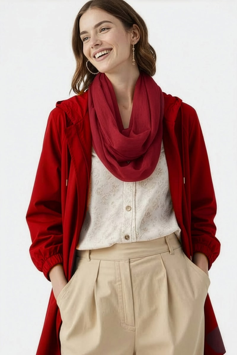 A woman stands against a plain background, smiling with one hand in her pocket. She wears a red jacket, white patterned blouse, beige high-waisted pants, and the looselyboho Velvet Merlot 100% Cashmere Scarf.