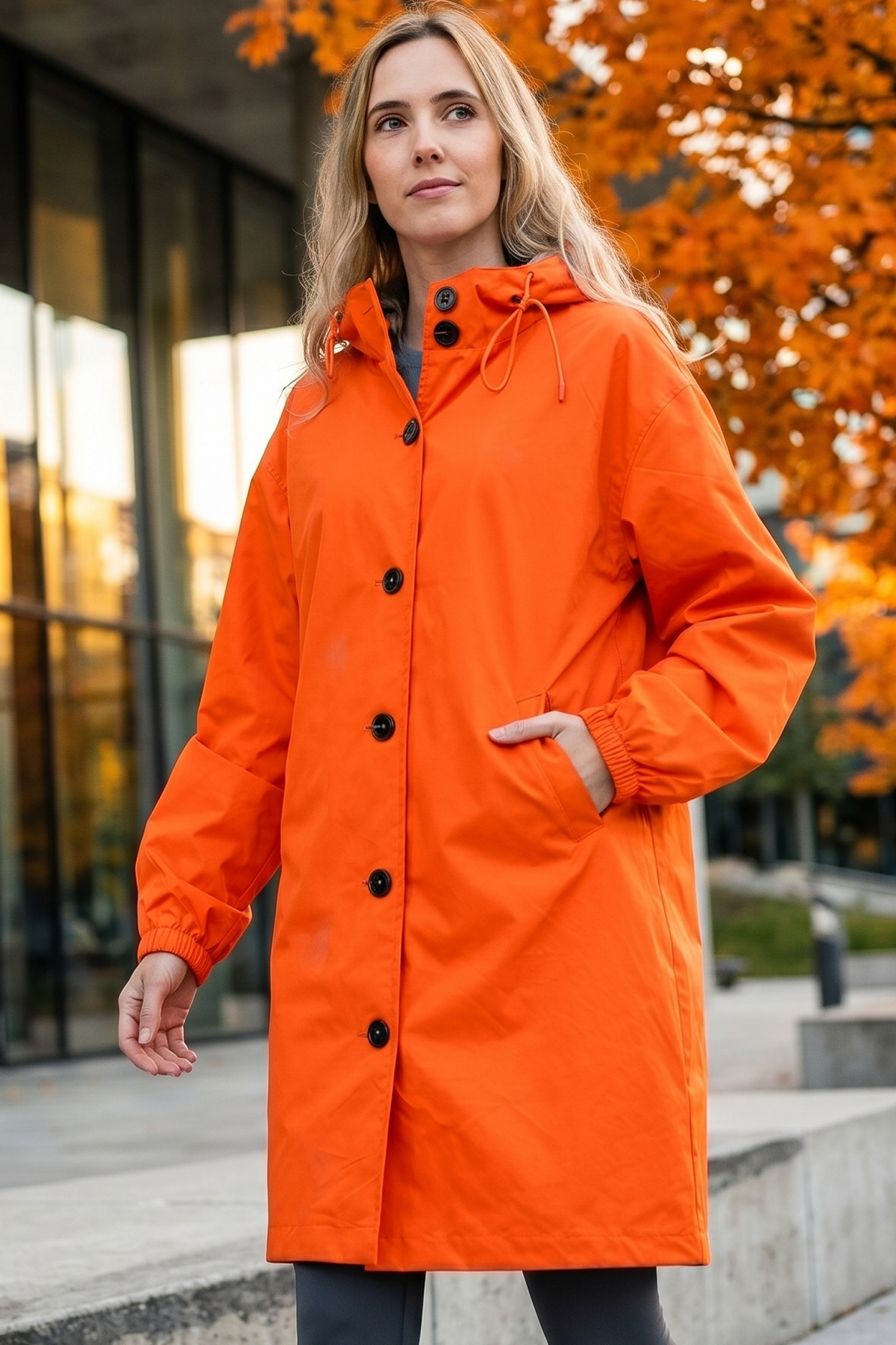 A person wears The Water Resistant Hooded Oversized Windbreaker Rain Jacket in orange with black buttons outside near a modern building and autumn trees.